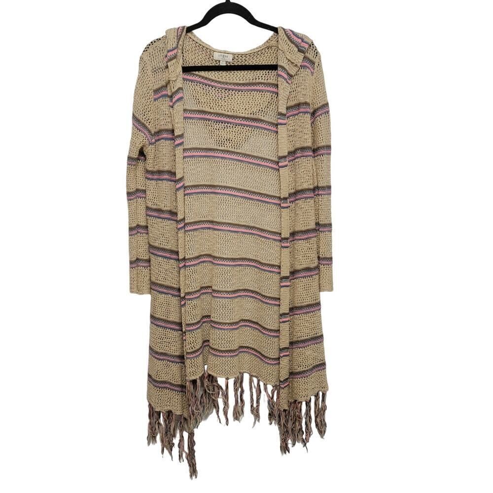 Coastal Beachy Boho Umgee Open Knit Long Line Hooded Cardigan Sweater